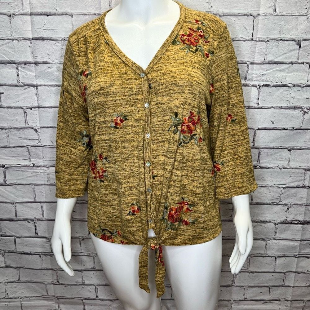Fig and Flower Womens Tan Floral Embroidered Knitted Cardigan Sweater Size 3X